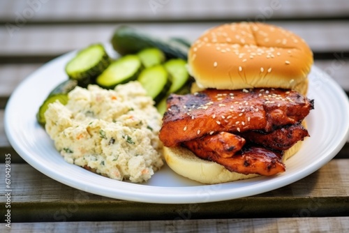a sesame seed bun barbecue sandwich with a side of potato salad