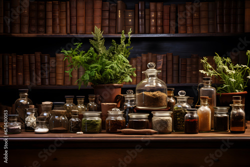 Wooden Table with Herbs, Natural Product Showcase © ITrWorks