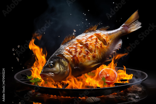 illustration of whole fish of carp in levitation, frying over flame grill on black background