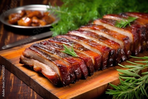 grilled pork belly garnished with herbs