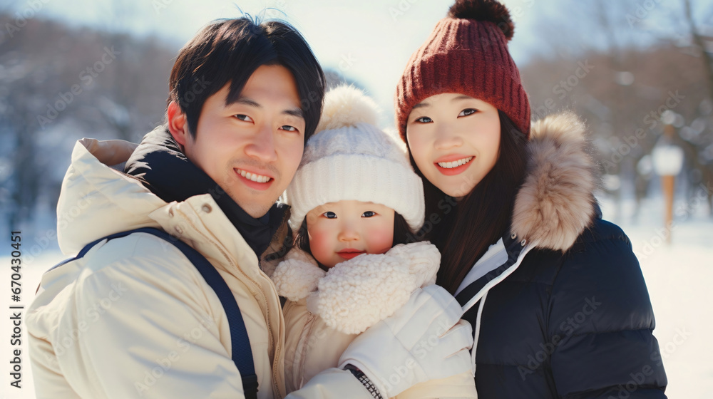  冬と家族、雪景色を楽しむ日本人の親子