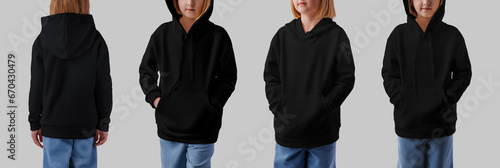 Mockup of a black hoodie with a pocket on a fair-haired girl in jeans, long sleeve presentation, front, back. Set.