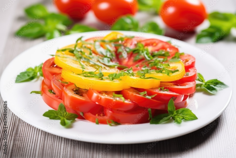 fresh tomato salad with basil on a white plate fresh tomato salad with basil on a white plate