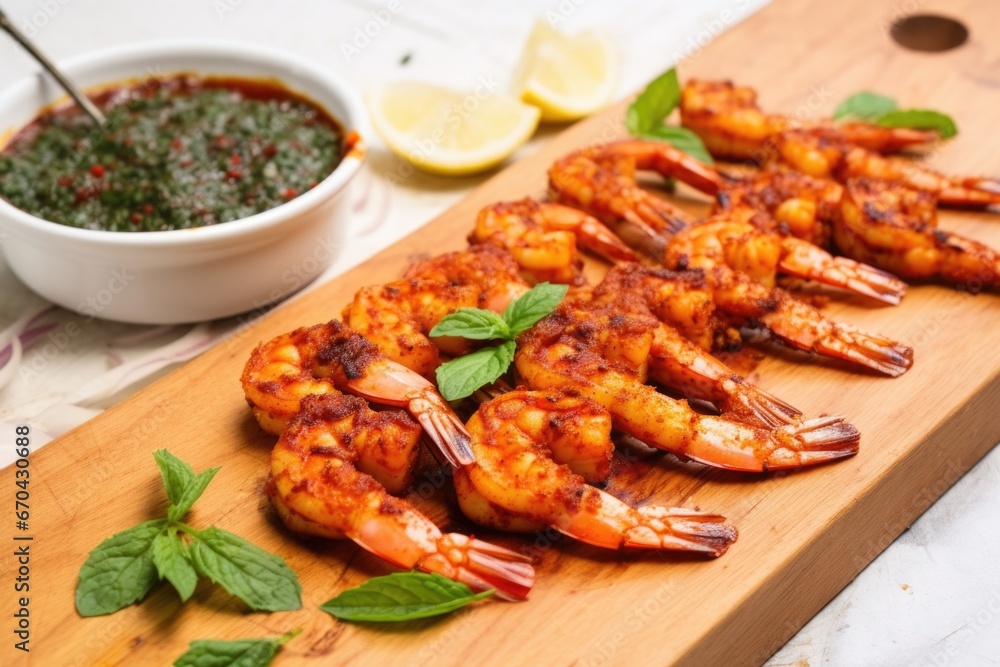 bbq spiced shrimp placed on a board with spice sprinkled on top