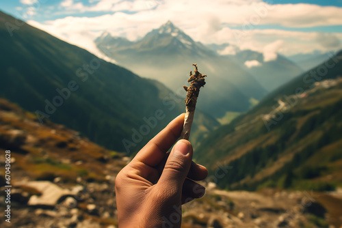 Hand holding a incense stick, smoke, himalaya incense, smell, prayer