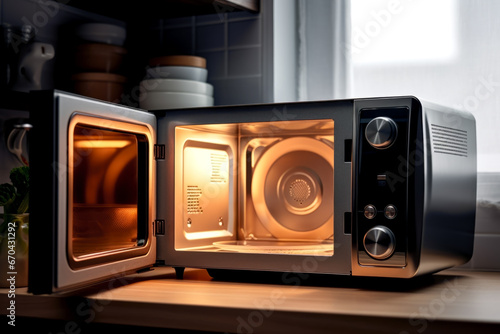 Close up of opened microwave oven in background of modern kitchen. Electrical appliance concept of technology and cooking. photo