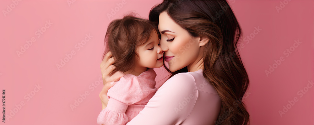 Mother and child in hug on pink color. copy space for text. Mother and child in hug on pink color. copy space for text.