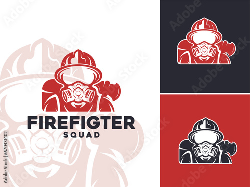Man Wearing Air Purifiying Respirator Gas Mask. Fireman with SCBA Helmet and Bunker Gear Silhouette for Firefighter logo design