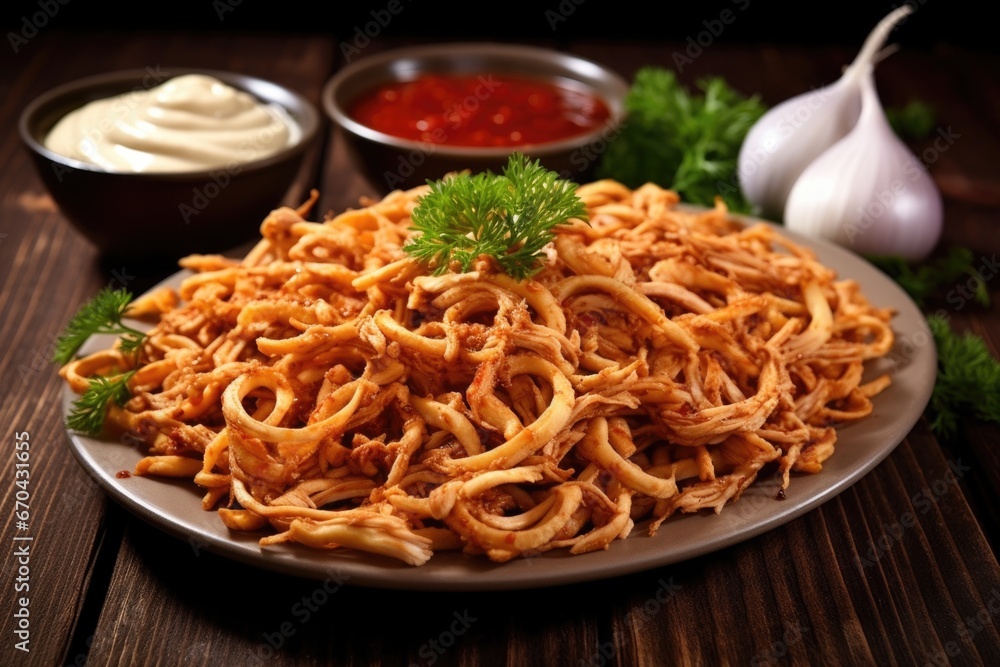 arrangement of pulled chicken with sauce and curly fries arrangement of pulled chicken with sauce and curly fries