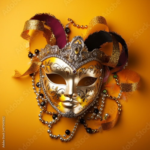 illustration of Mardi gras arnival mask with beads on yellow background, Generative ai