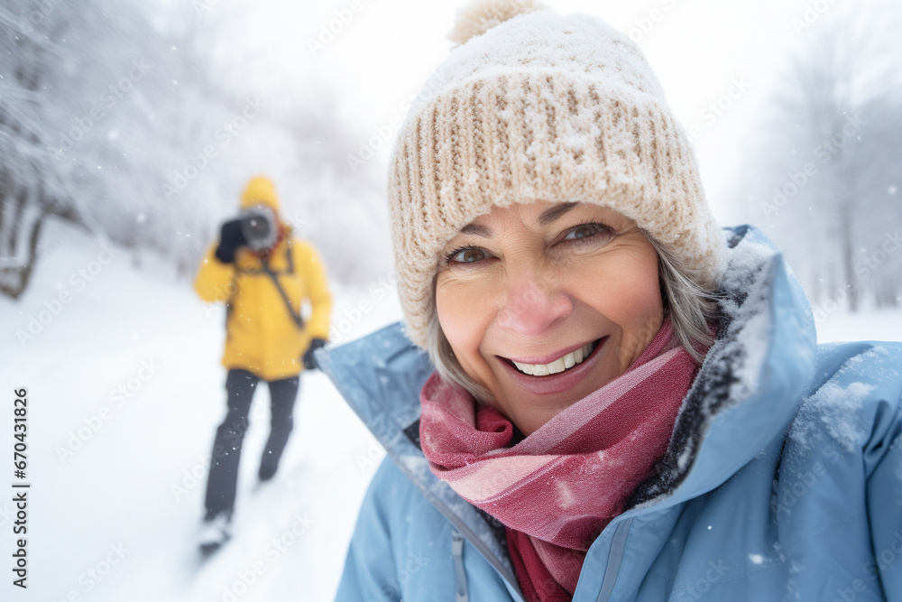 Fototapeta premium smiling mature woman taking a selfie on a snowy winter day