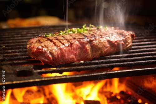 a steak being flipped on the churrasco grill