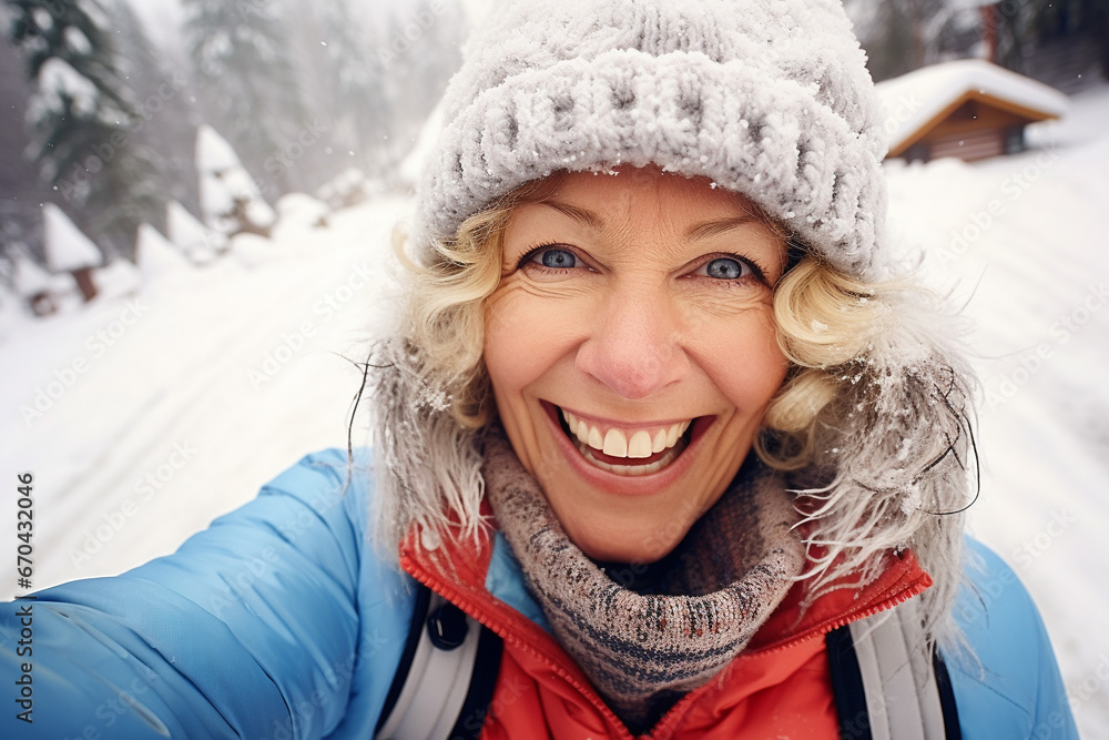 smiling mature woman taking a selfie on a snowy winter day smiling mature woman taking a selfie on a snowy winter day