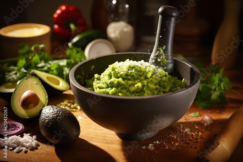 Traditional tools meet a beloved dish, as an avocado undergoes transformation, with flavorful additions awaiting their turn to blend in.
