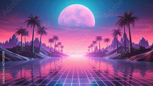 80s retro futuristic sci-fi., nostalgic 90s. Night and sunset neon colors, cyberpunk vintage illustration. Sun, mountains and palms. Retrowave VJ videogame landscape, Retro Synthwave photo