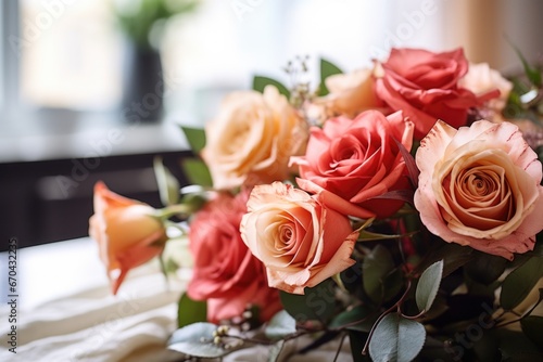 a close-up of a decorating floral bouquet with roses