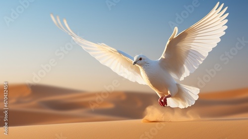 A dove  the symbol of peace  in a serene dance  leaving footprints on the soft sands.