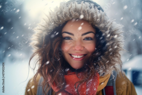 smiling young woman taking a selfie on a snowy winter day