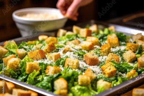 hand placing croutons on caesar salad