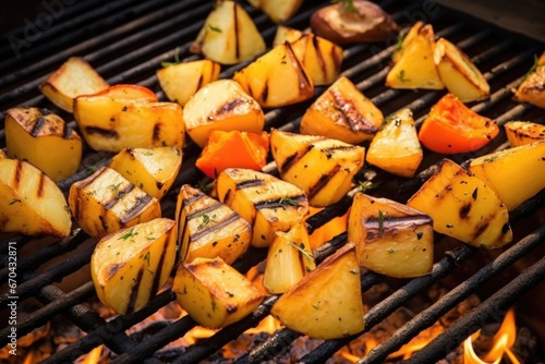 grilled potatoes amidst orange flames and smoky black firewood
