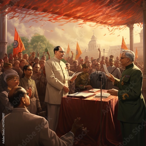 illustration of Netaji Subhas Chandra Bose being sworn in as First, Generative ai photo