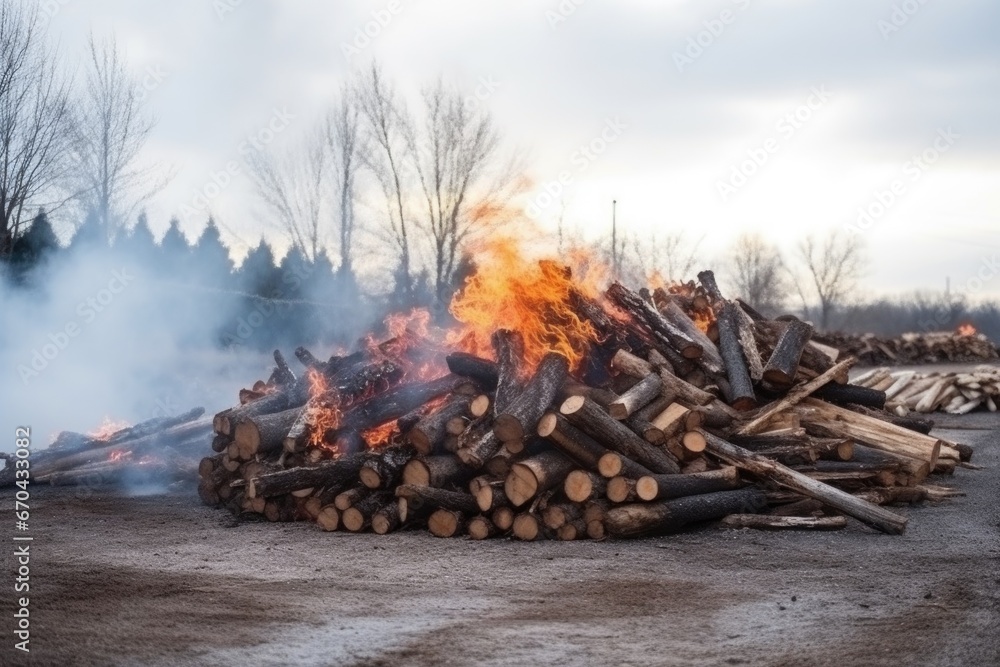 pile of burned firewood with smoke rising pile of burned firewood with smoke rising