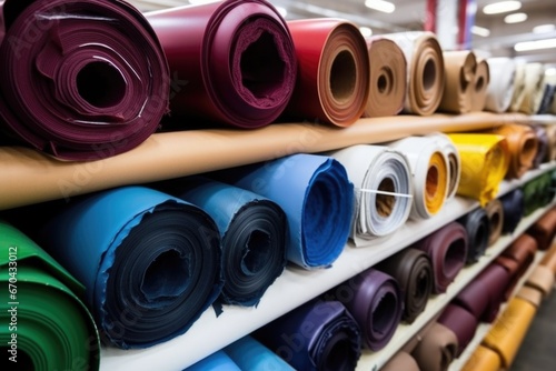 rolls of synthetic leather stacked in workshop photo