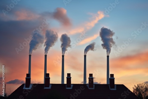 row of chimneys emitting smoke against evening sky