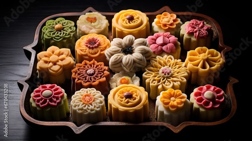 Colorful Thai desserts in a wooden box on a black background. Generative AI