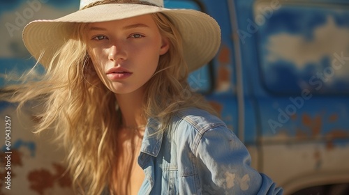 Blonde fasion model in straw hat blue denim jacket in bright light against variegated blue wall photo