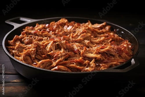 a steamy pan of carolina pulled pork coated in tangy vinegar sauce