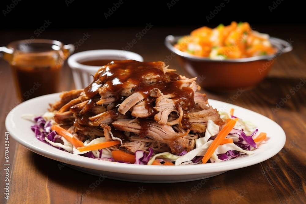pulled pork atop a mound of coleslaw, vinegar sauce on side pulled pork atop a mound of coleslaw, vinegar sauce on side