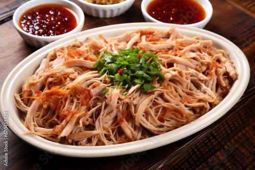 top view of platter of shredded pork with sauce