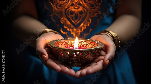 Hands holding a burning diwali diya on dark background Generative AI