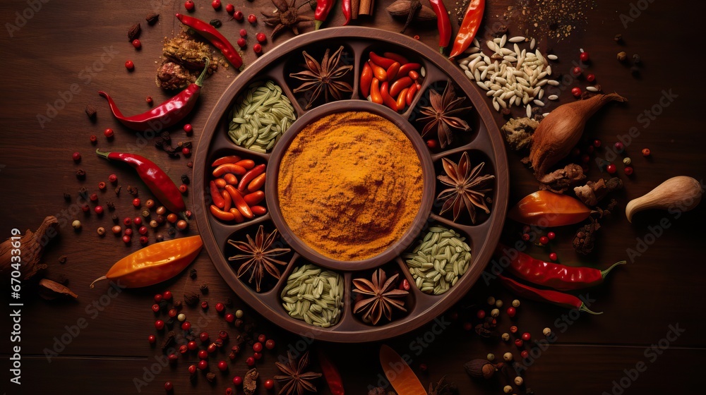 Spices and herbs in wooden bowl on wooden background. Top view Generative AI