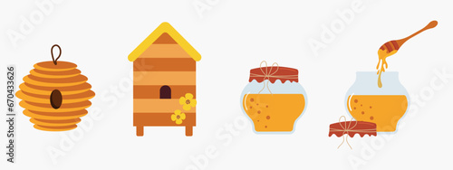 Beekeeping set with evidence, beehive, jar of honey, honey spoon. Horizontal honey set. Vector illustration.