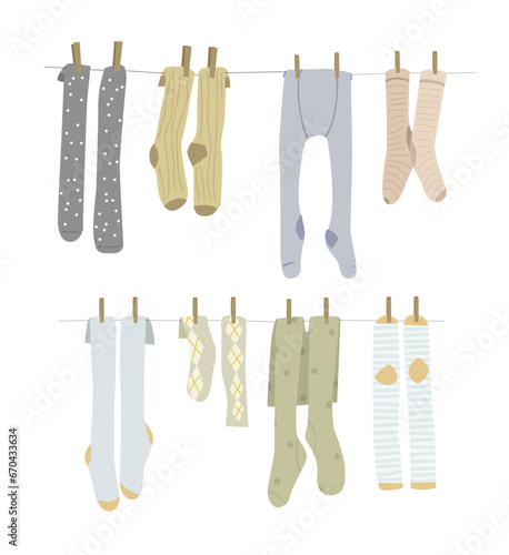 Set of tight and socks hanging on a clothesline. Cute kid vector flat illustration.