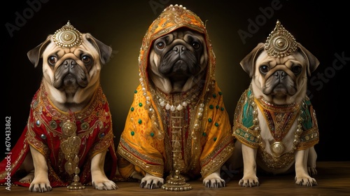 Three pug dogs in traditional indian clothing on black background. Generative AI