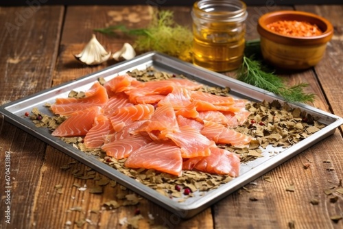 raw salmon with cedar wood chips on a metal tray