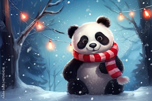 cute little panda bear with red scarf on winter backgroud illustration