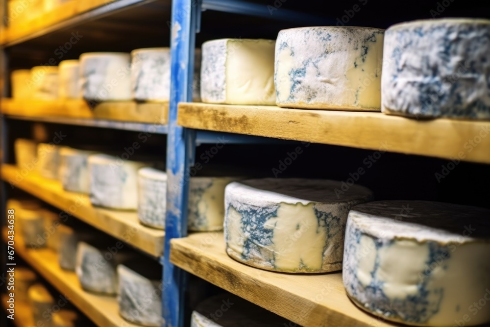 close-up image of blue-veined cheese maturing in cellar