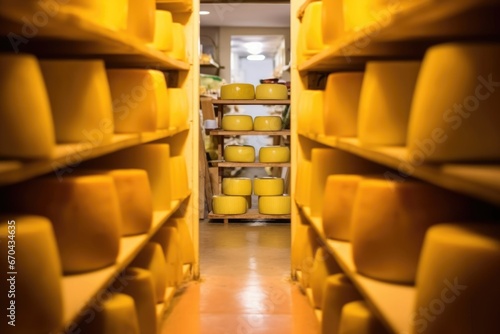 view through cellar corridor flanked by cheese stacks on shelves