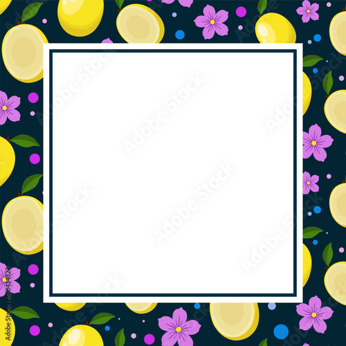 Square post with empty middle, on edges frame with fruits, yellow mangoes, pink flowers, small circles