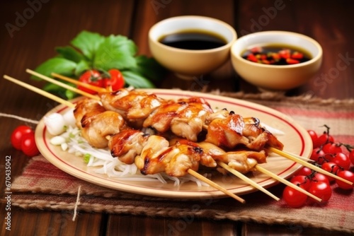 chicken skewers served on a bamboo mat with soy sauce