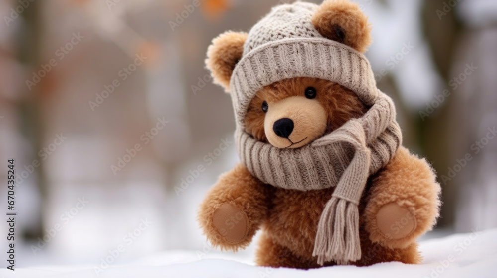 Toy bear with knitted hat and scarf Toy bear with knitted hat and scarf