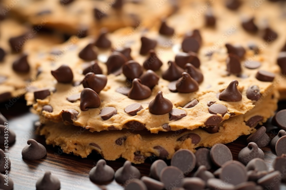 detailed shot of chocolate chips on a biscuit detailed shot of chocolate chips on a biscuit