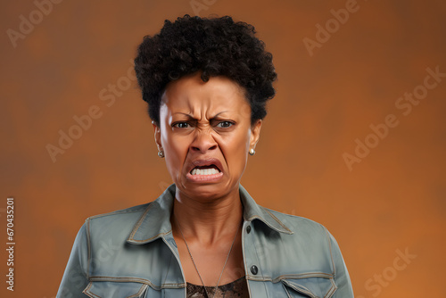 mature African American woman with disgusted emotion, head and shoulders portrait on orange background. Neural network generated image. Not based on any actual person or scene. photo
