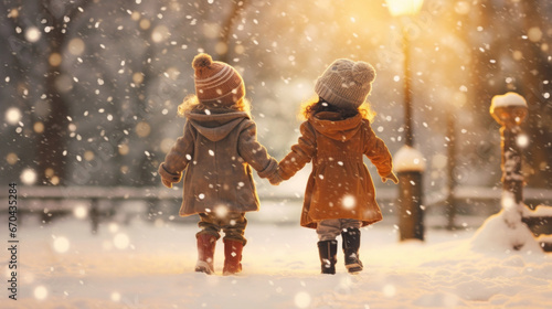 Two little girls walking in the snow