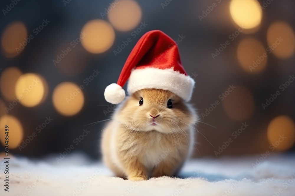 Christmas cute funny baby hamster in red Santa hat