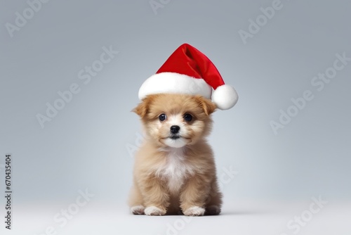 Funny pup in red Santa hat for Christmas